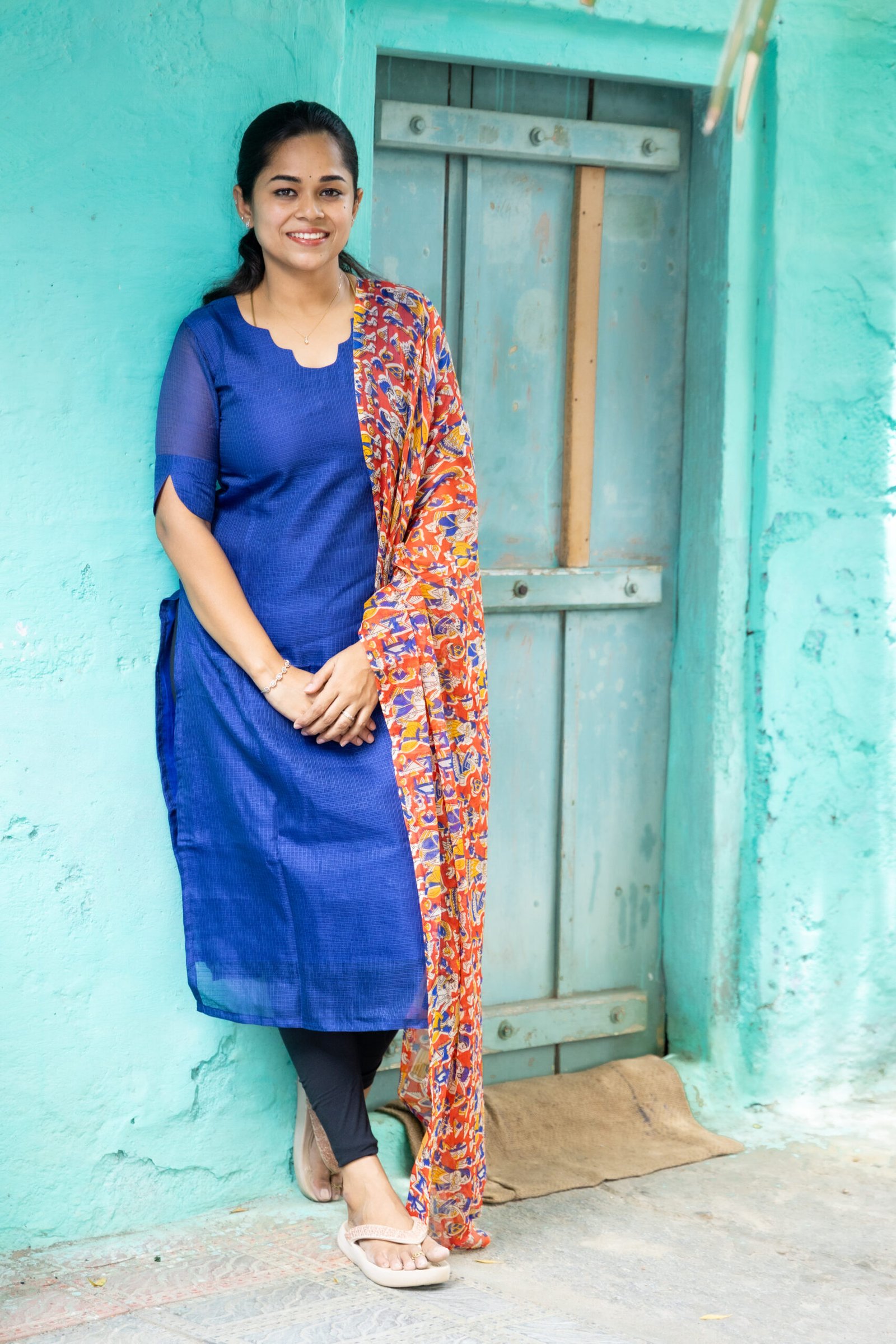 Blue cotton kurthi with shawl