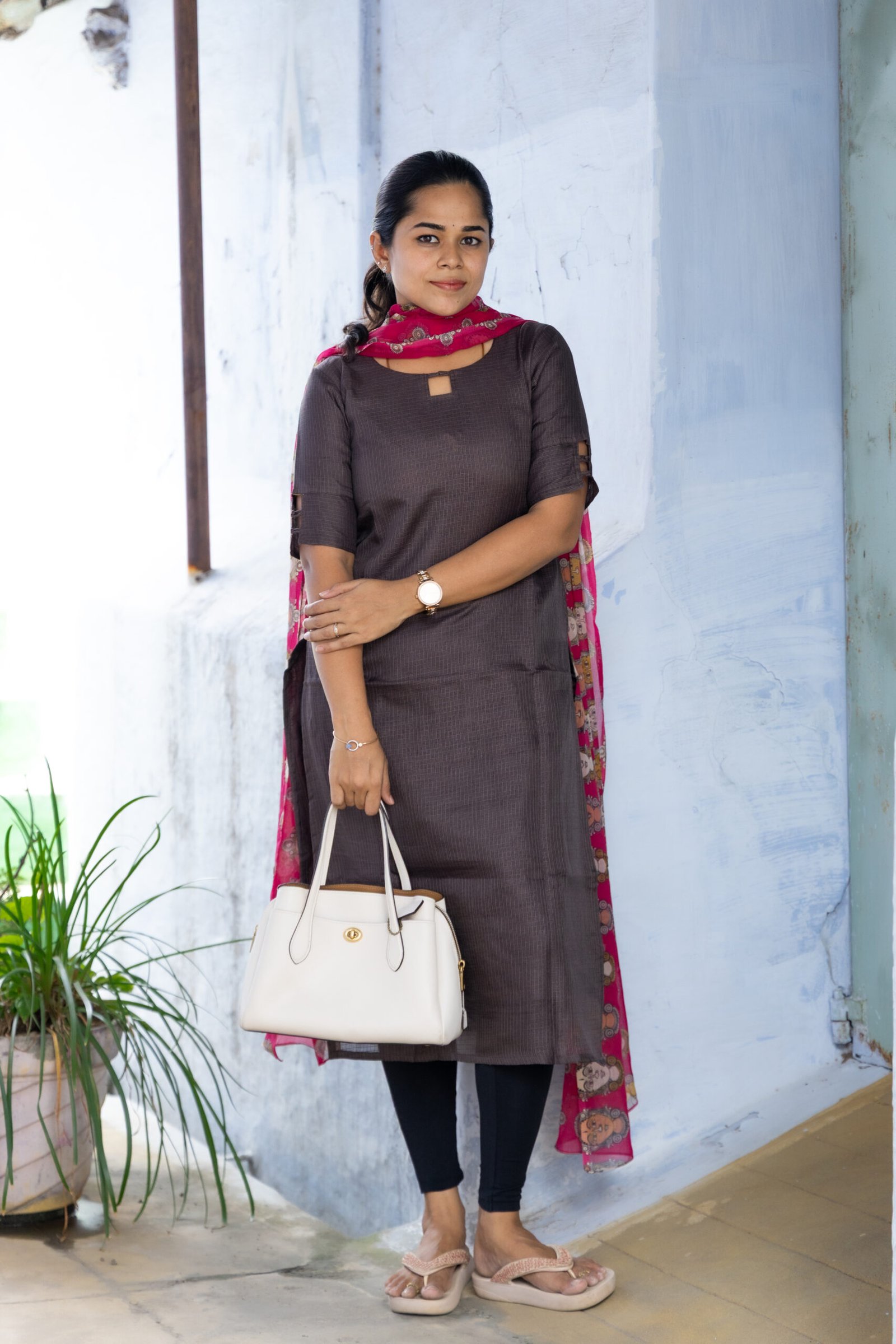 Dark mocha cotton kurthi with shawl
